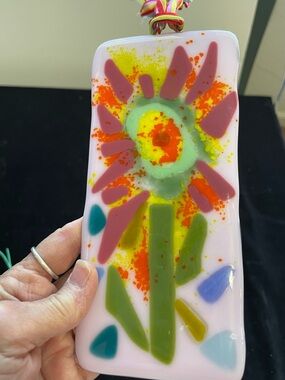 “Pink Flower”Fused Art Glass  Hanging Plaque  8”x3” Light Pink